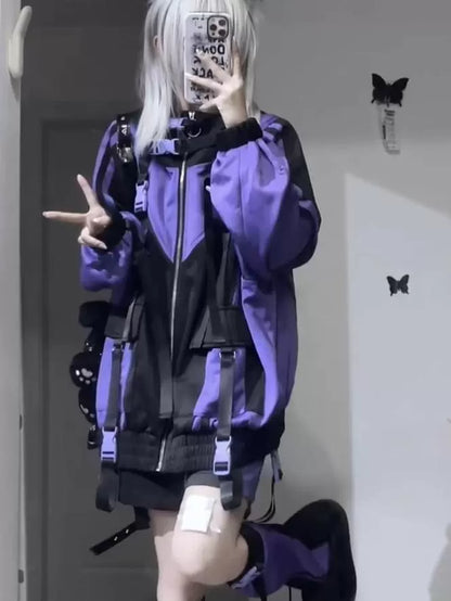Black & Purple Hooded Subculture Y2K Japanese Anime Mass-Produced Style Sporty Jacket (Autumn)