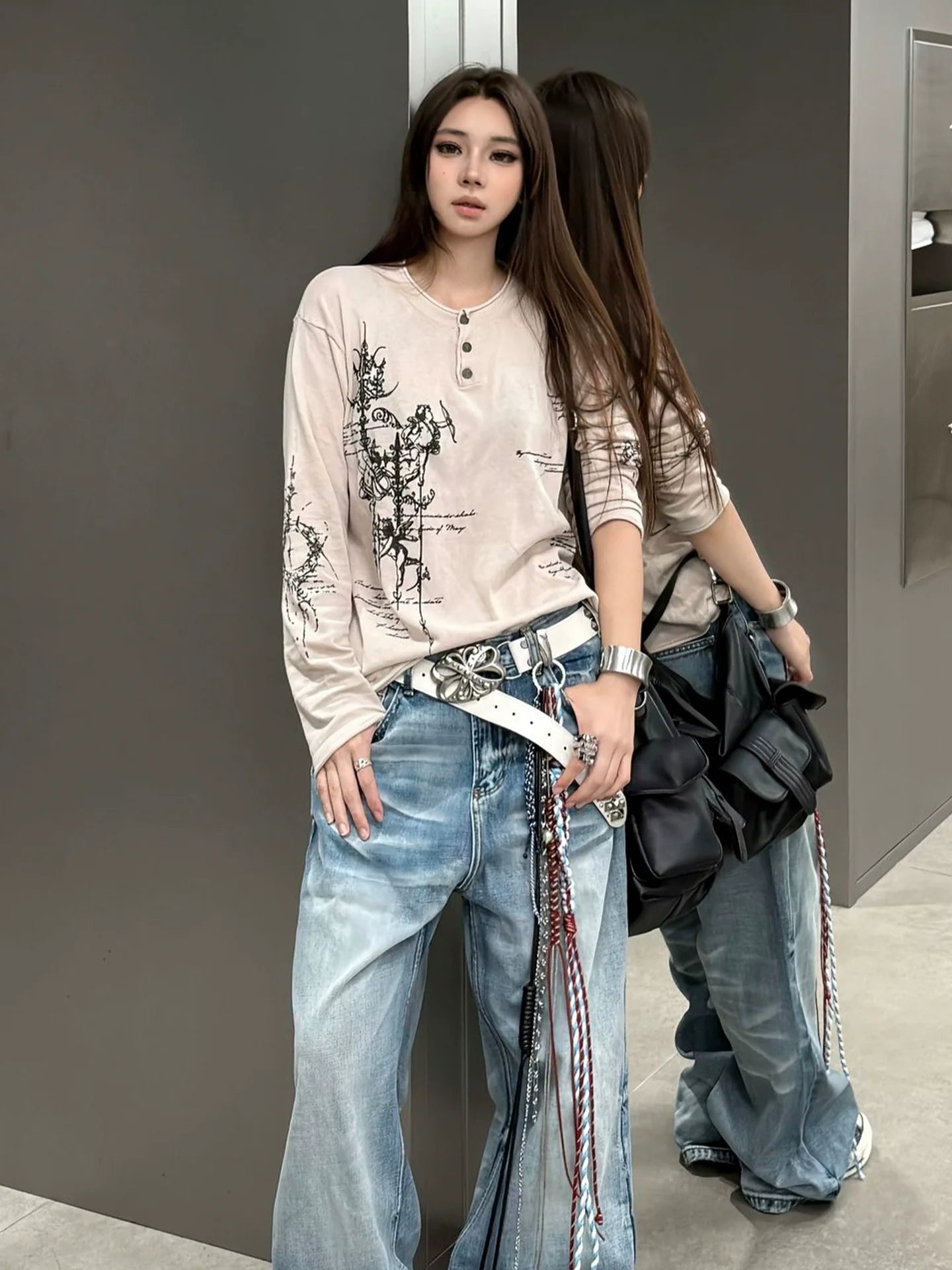 Punk Subculture Printed Long Sleeve Tee Henry Collar Loose Fit Base Top