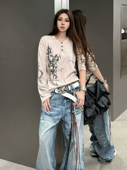 Punk Subculture Printed Long Sleeve Tee Henry Collar Loose Fit Base Top