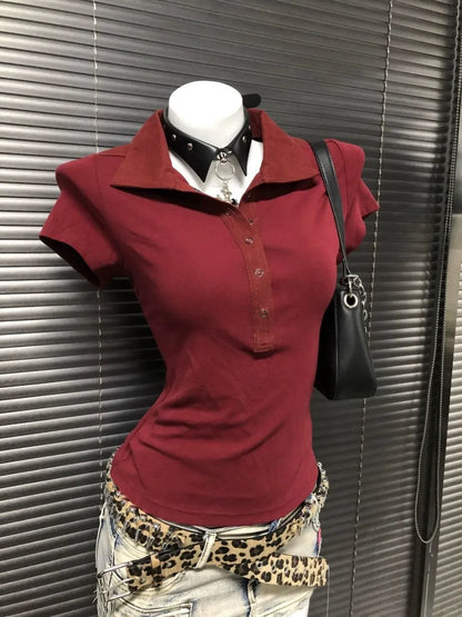 Burgundy Subculture Y2K E-girl Abi American Retro Polo-Collar Regular-Shoulder Waist-Cinched Short Sleeve Top
