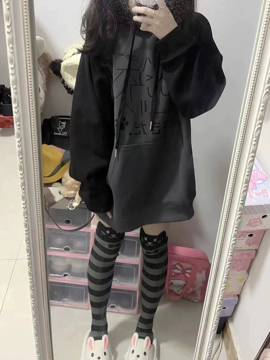 Black & Gray [Fleece-Lined] Subculture Y2K Kawaii Japanese Anime Cute Cat Print Hooded Sweatshirt