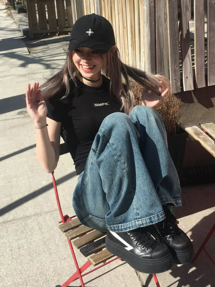 American Letter Print Fitted Crop Tee Stretch Cotton Structured Shoulder Short Sleeve Top