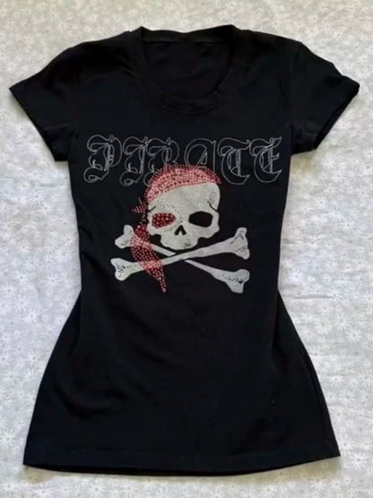 Black Rock Punk Vintage Skull Print Y2K T-Shirt