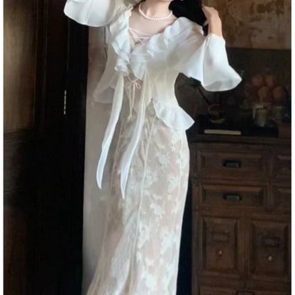 French Lace Pleated Spaghetti Gown Dress with Chiffon Cardigan