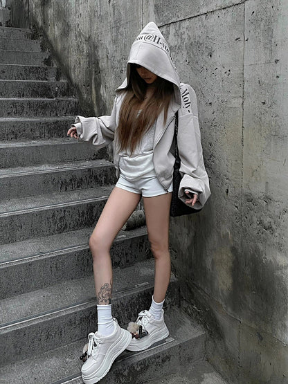 American Short Zip Hoodie Vintage Letter Print Cropped Sweatshirt