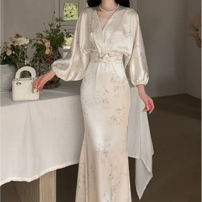 New Chinese Style Long Sleeve White Satin Gown Dress – National Elegant Dress