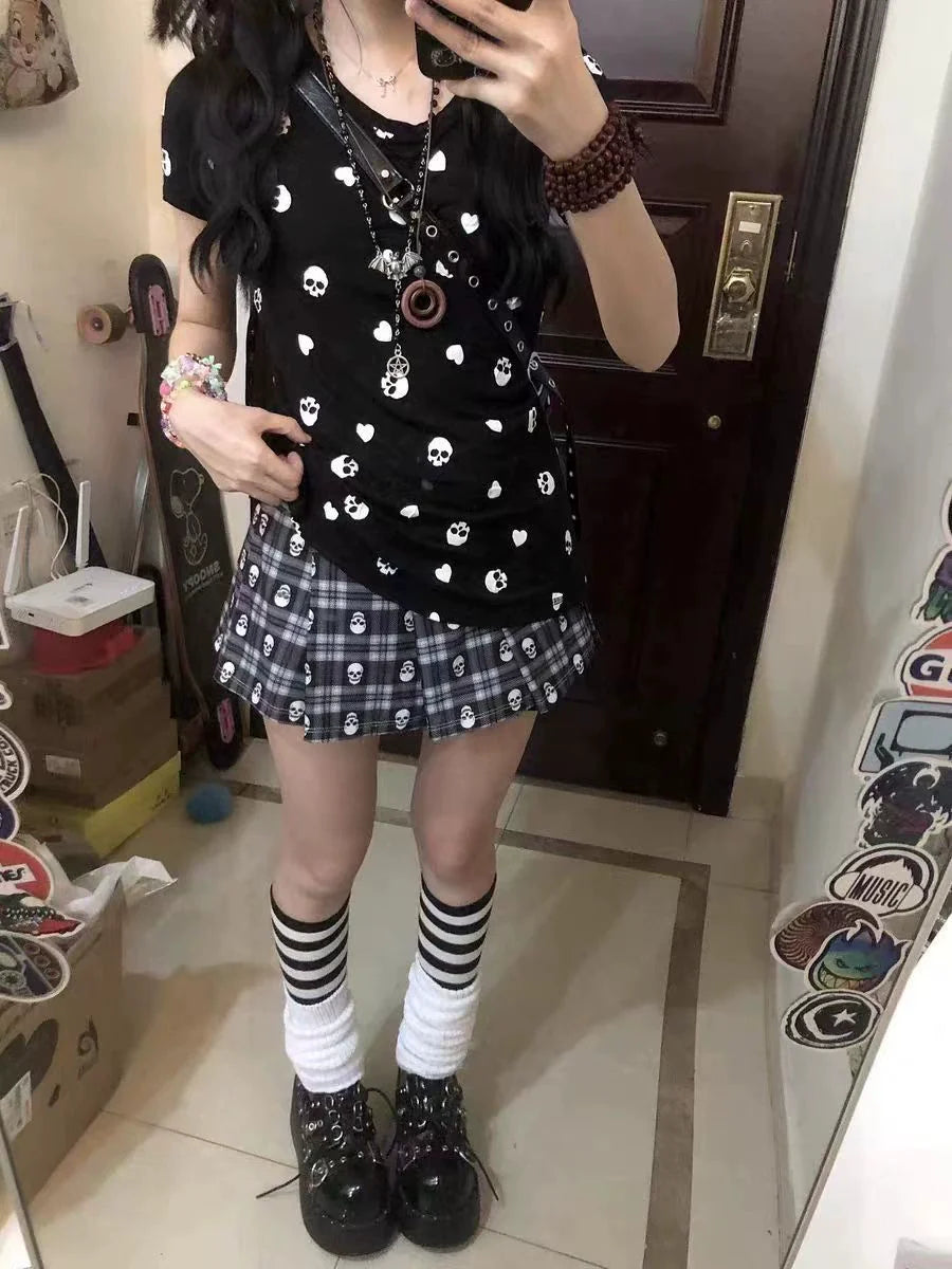 Black Subculture Y2K E-girl Abi American Retro Skull Print Light Subculture Short Sleeve Top