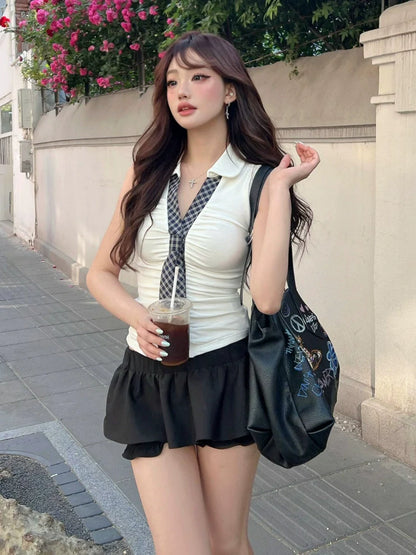 Plaid Tie Polo Vest Top Slim Fit Summer Y2K Top