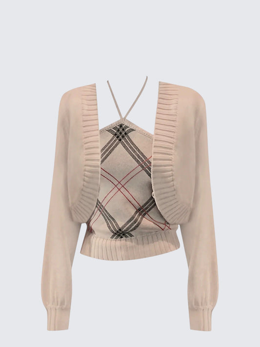 American Plaid Knit Halter Cardigan Set