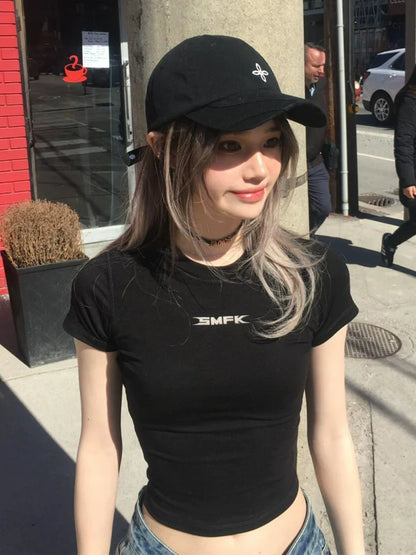 American Letter Print Fitted Crop Tee Stretch Cotton Structured Shoulder Short Sleeve Top