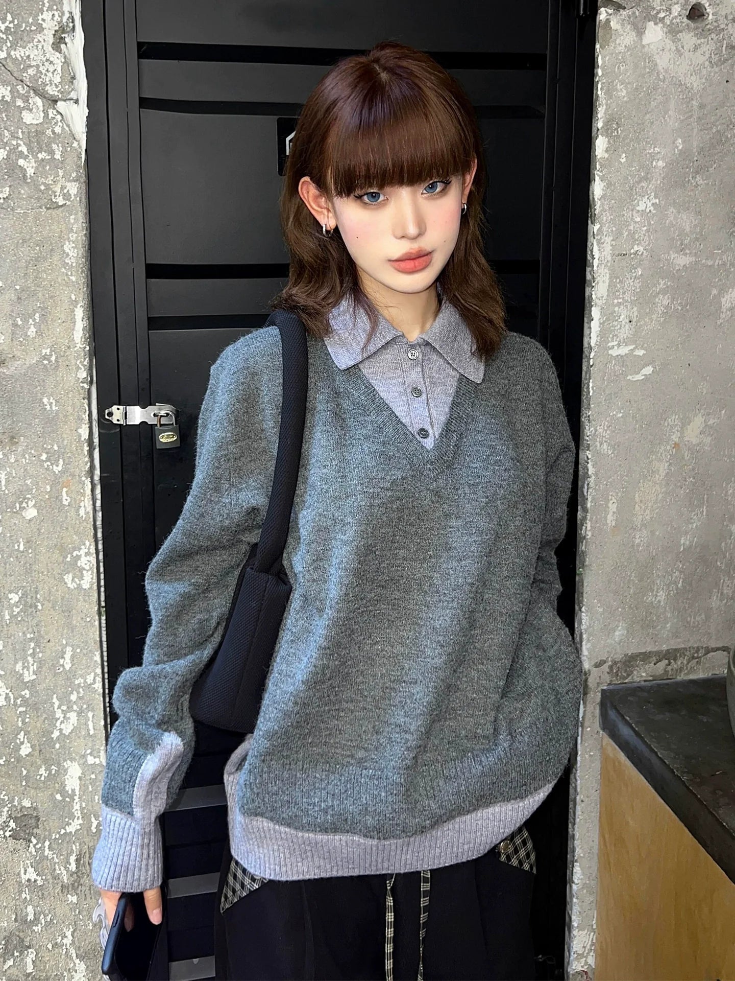 Colorblock Polo Collar Faux Layered Sweater Long Sleeve Loose Top