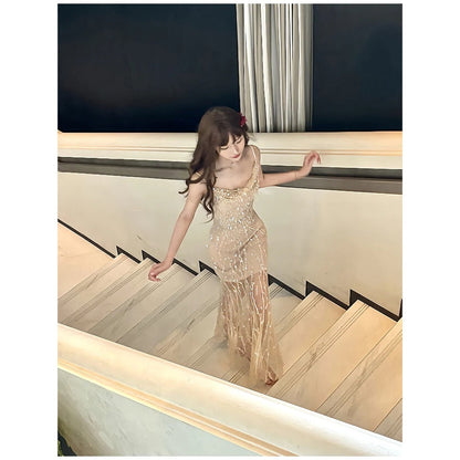 Rhinestone Spaghetti Strap Designer Mermaid Gown Dress