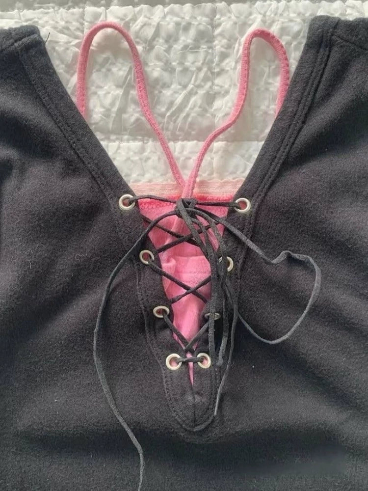 Black Subculture Punk Y2K Abi E-girl American Retro Print Fake Two-Piece Short Sleeve Top