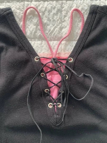 Black Subculture Punk Y2K Abi E-girl American Retro Print Fake Two-Piece Short Sleeve Top