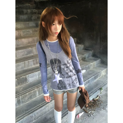 Y2K Star Girl Print Two-Piece Long Sleeve Tee Layered Vest Set