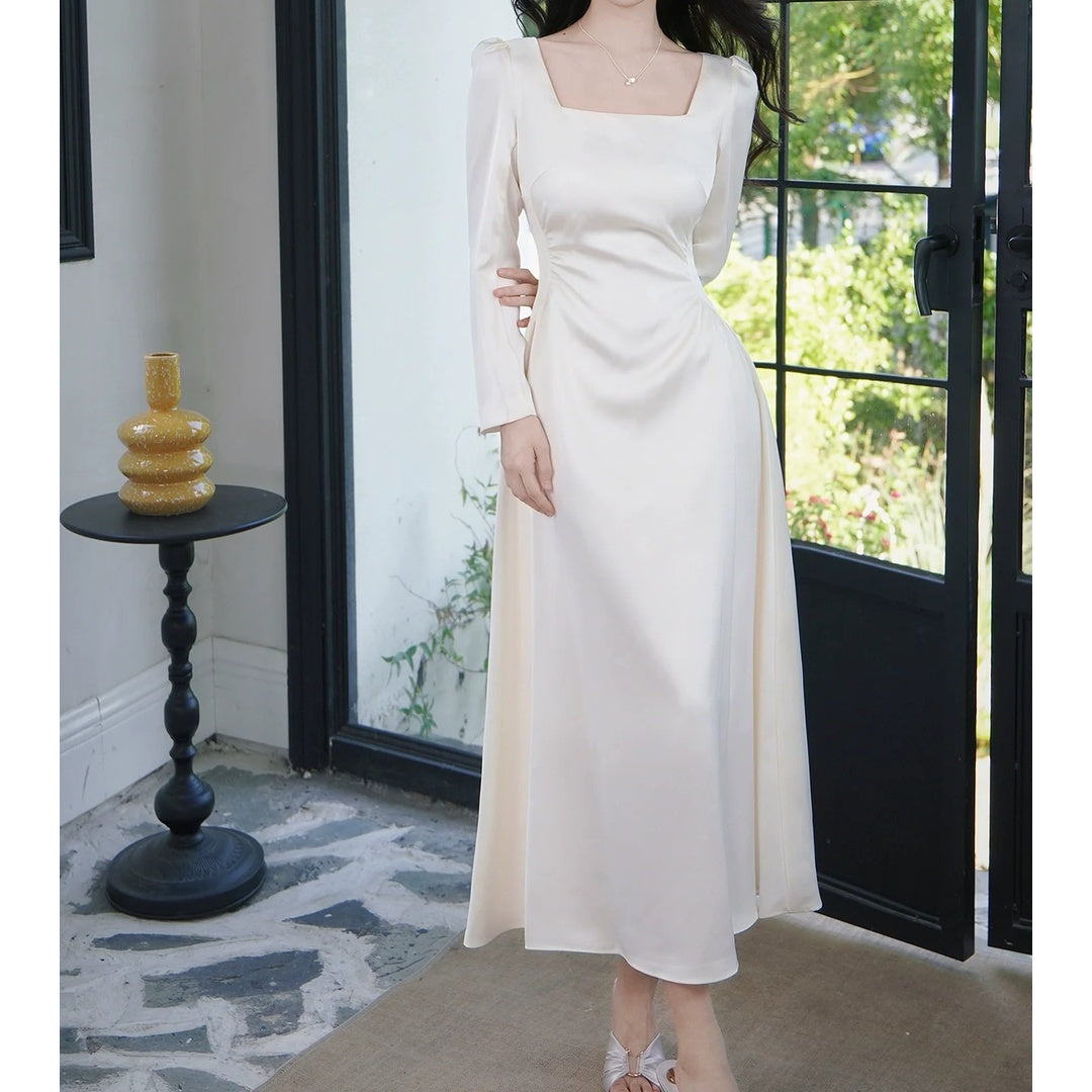 French Satin Square Neck A-Line Long Sleeve Gown Dress