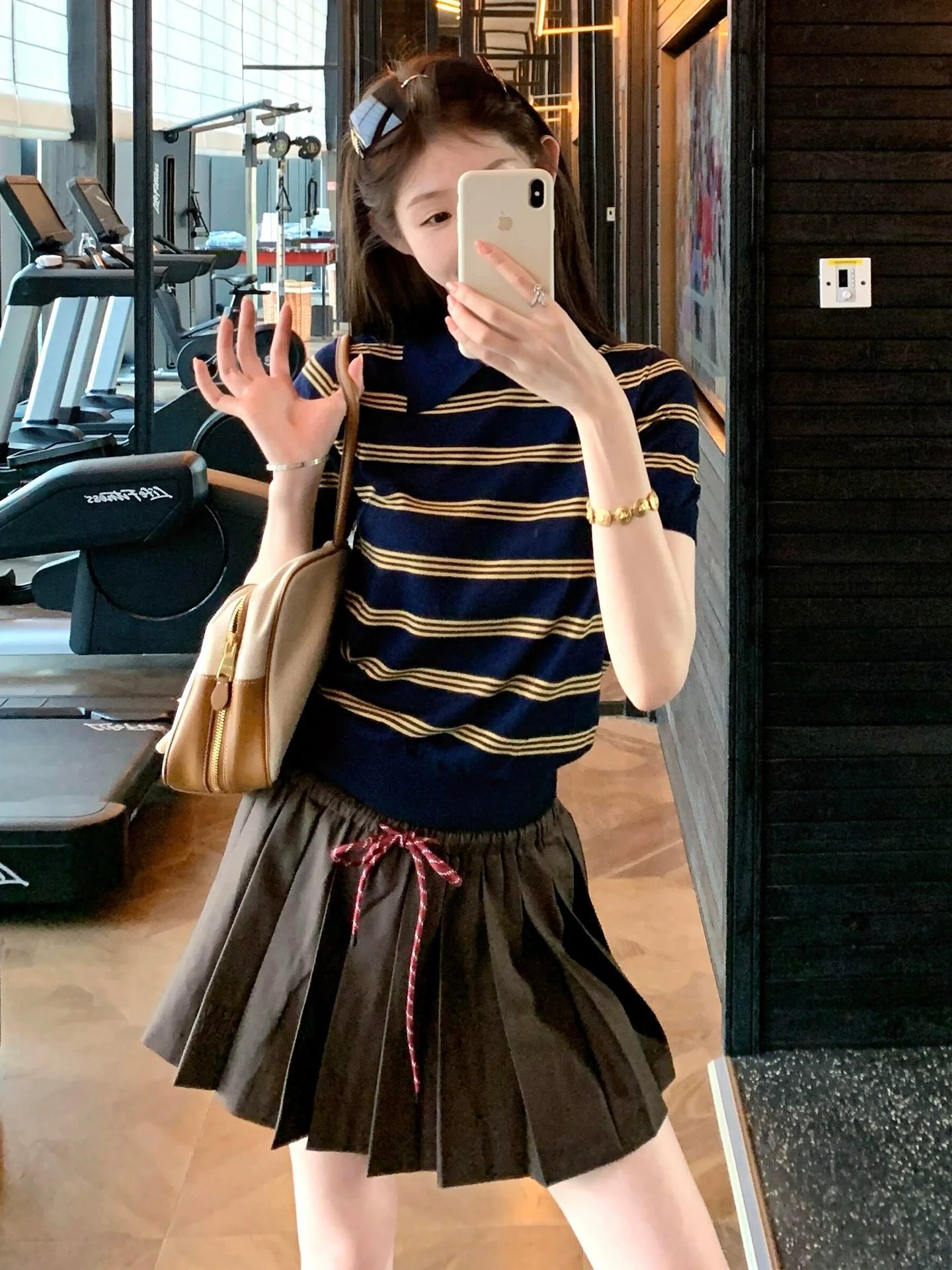 Striped Knit Polo Crop Top  Stretch Fitted Short Sleeve Shirt Y2K Preppy Style