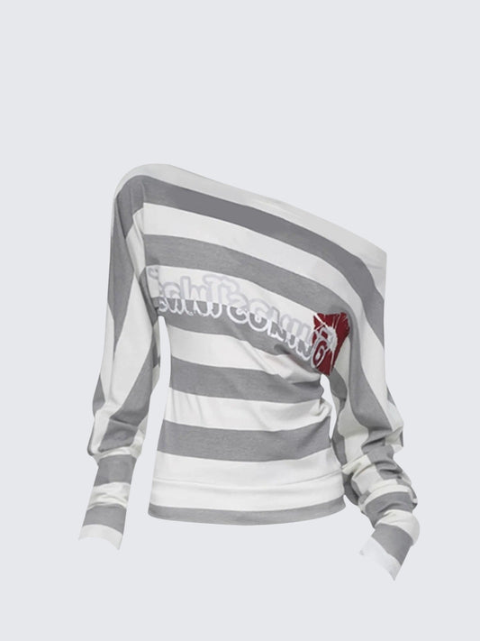 Gray Striped Lips One-Shoulder Top