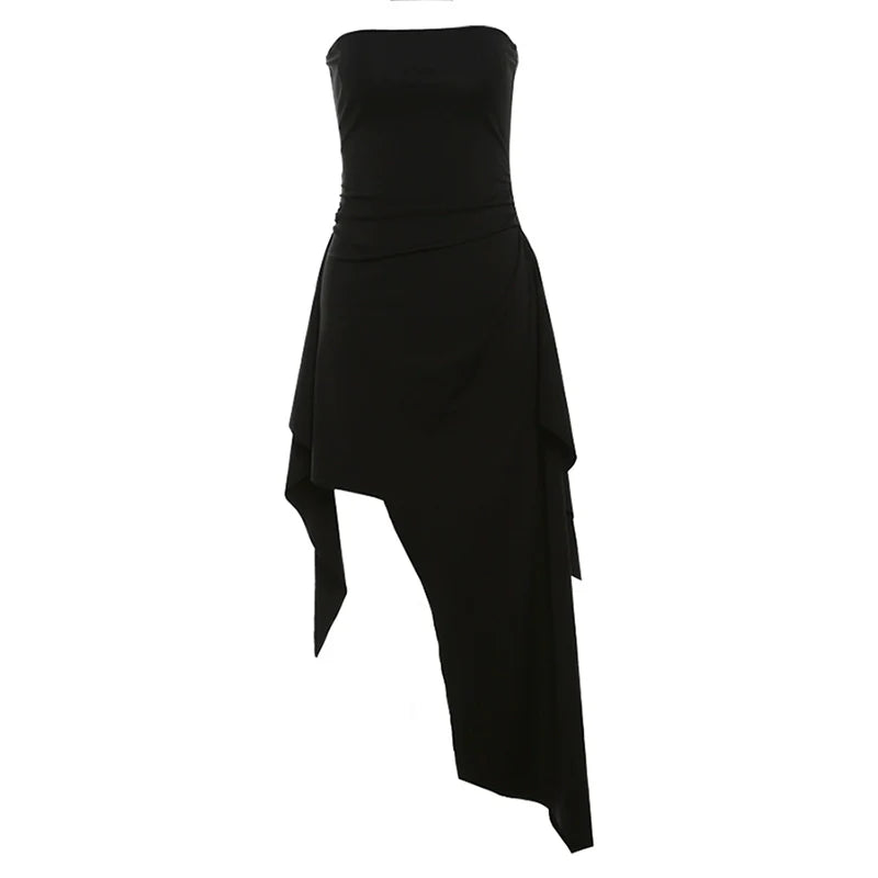 Niche Designer Retro Black Tube-Top Cinched Waist Slimming Asymmetrical Hot Girl Dress