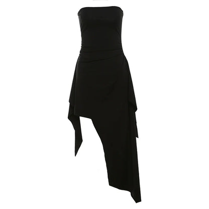 Niche Designer Retro Black Tube-Top Cinched Waist Slimming Asymmetrical Hot Girl Dress