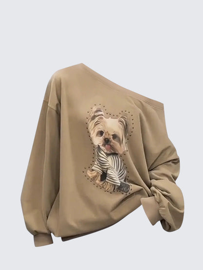 Korean Dog Print One-Shoulder Sweatshirt