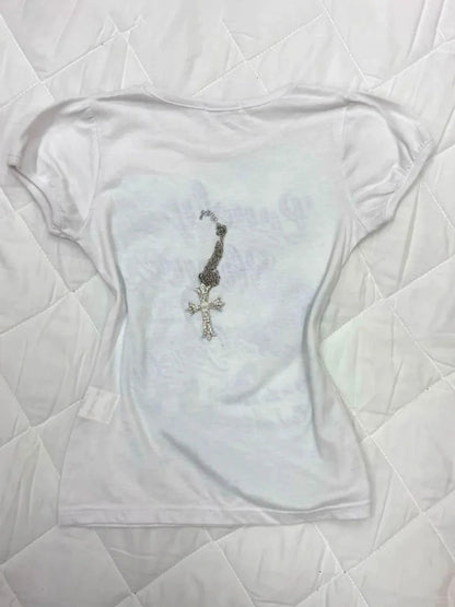 White Vintage Graphic Print Y2K T-Shirt