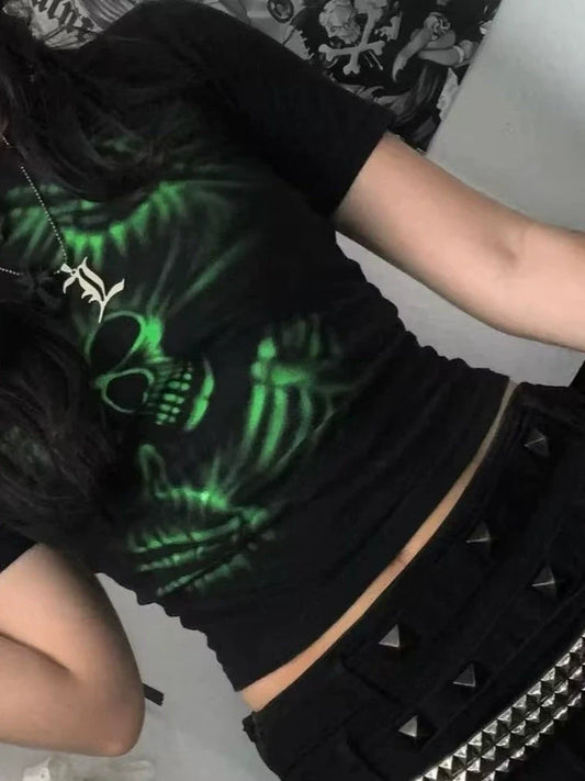 Black Subculture Punk Y2K E-girl Abi American Retro Skull Print Short Sleeve Top (Style 2)