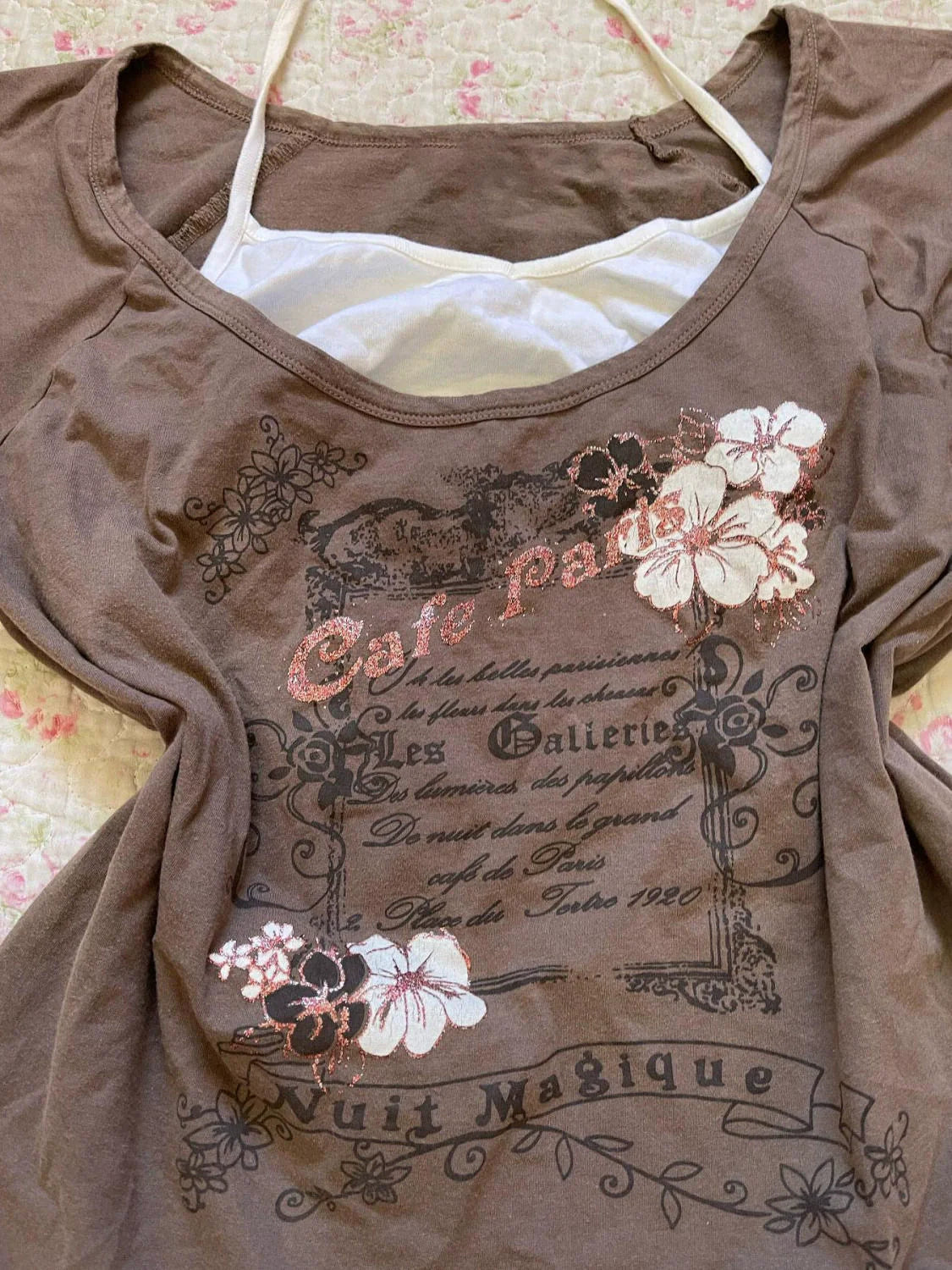 Camel Fake Two-Piece Subculture Y2K E-girl Abi American Retro Halter Short Sleeve Top