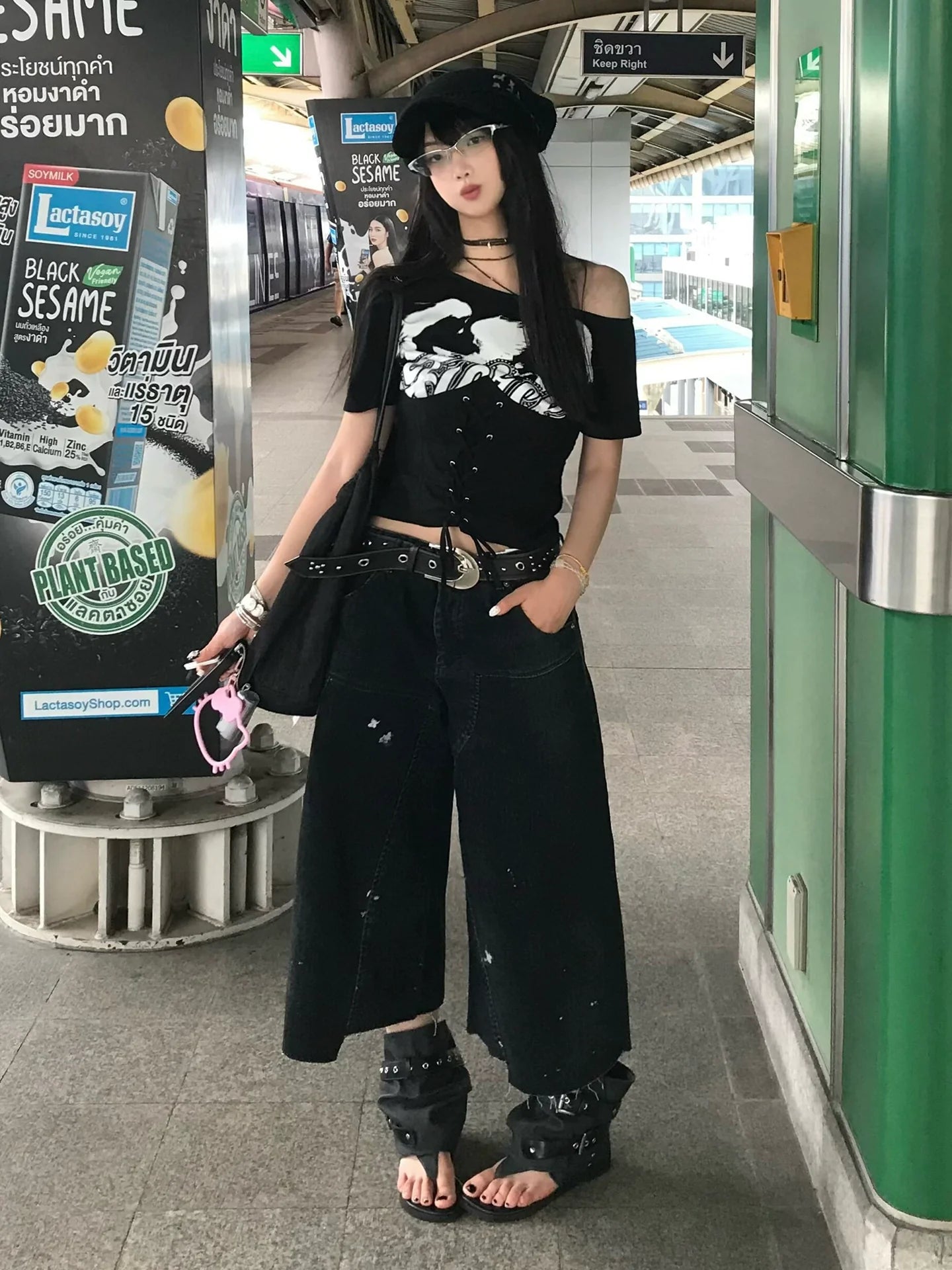 Subculture Black Off-Shoulder Tee Waist Tie Fitted Top