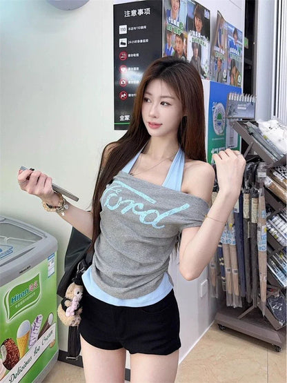 Light Gray Fake Two-Piece Halter Subculture Y2K E-girl Abi American Retro Letter Print Short Sleeve Top