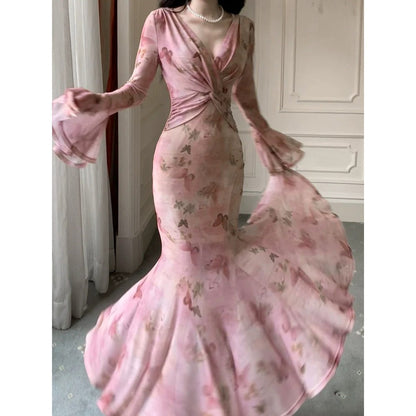 French Pink Luxury Printed Birthday Mermaid Gown Dress