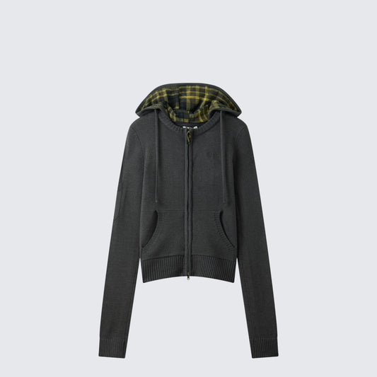 Retro Checkered Zip Hooded Knit Cardigan