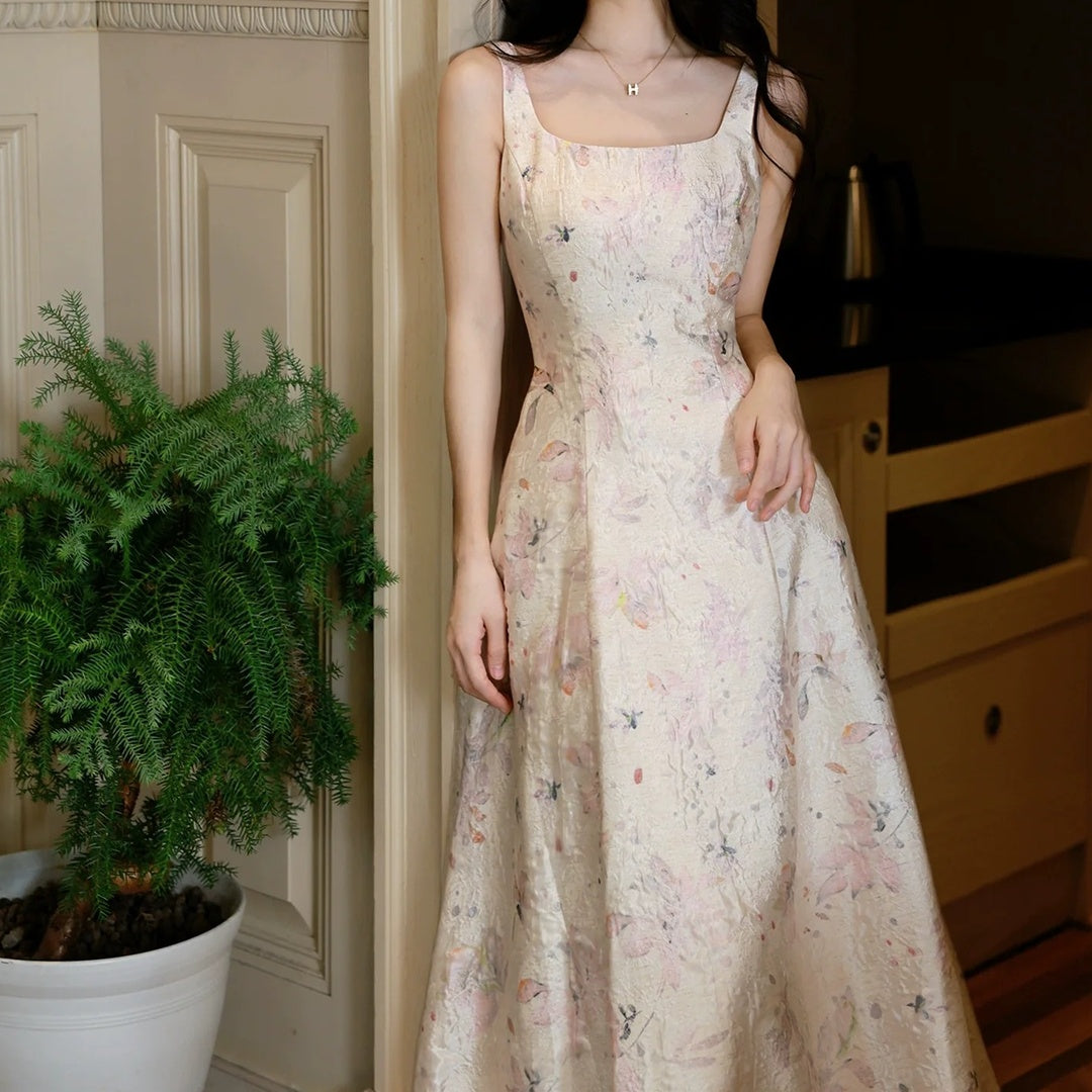 French Princess Floral Square Neck Spaghetti Strap Gown Dress