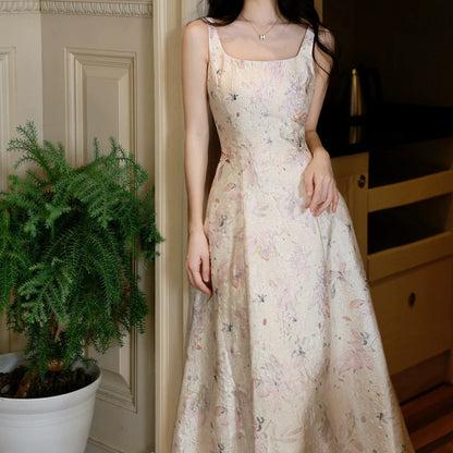 French Princess Floral Square Neck Spaghetti Strap Gown Dress
