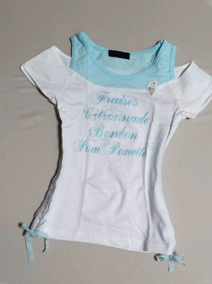 White Blue Fake Two-Piece Print Y2K T-Shirt