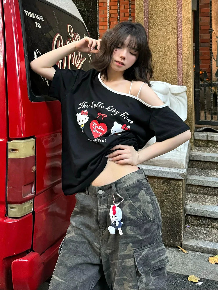 American Black Off-Shoulder Tee Kitty Print Loose Top