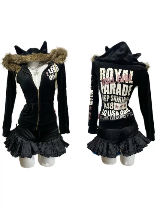 Cat-Ear Fur-Collar Hoodie Jacket [Spring-Autumn] Subculture Gothic Rock Punk Y2K Shibuya Girl Japanese Brand E-girl Jacket
