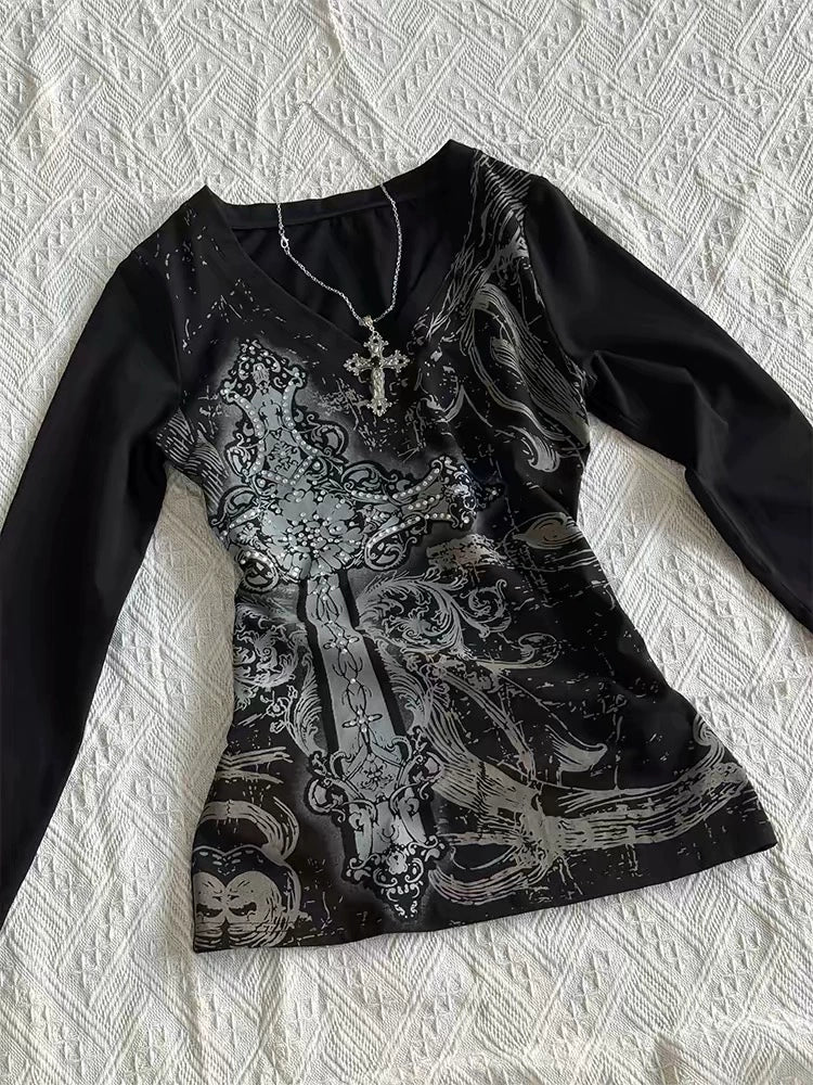 Black Tie-Dye V-Neck Long Sleeve Tee Y2K Top