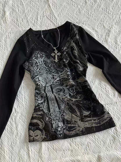 Black Tie-Dye V-Neck Long Sleeve Tee Y2K Top