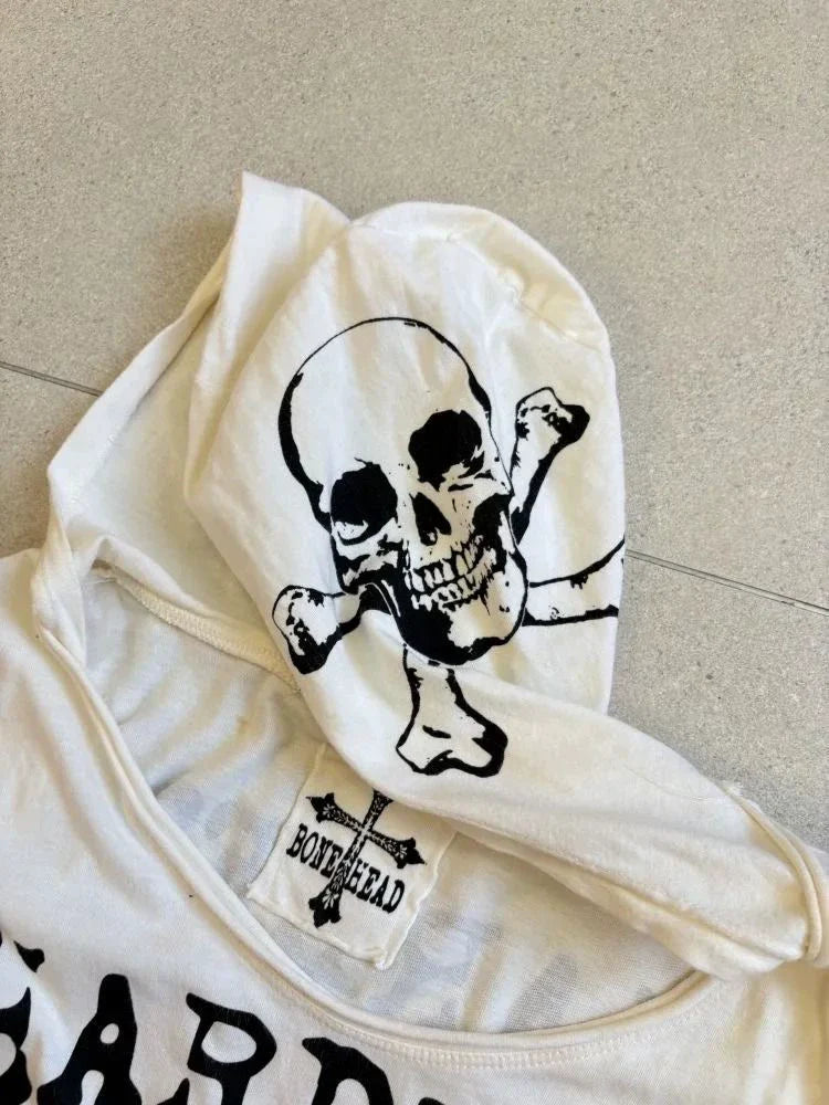 White Subculture Punk Y2K E-girl Abi American Retro Skull Print Short Sleeve Top
