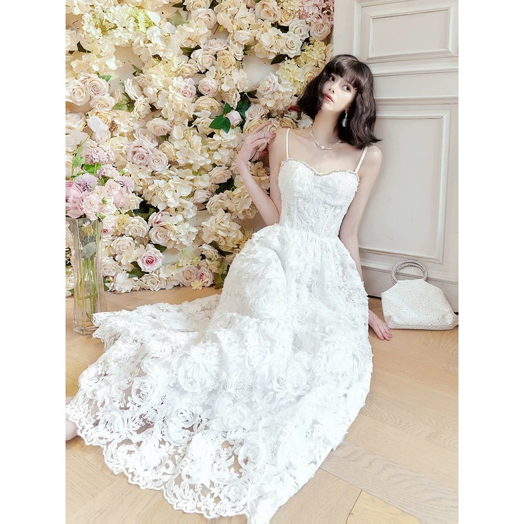 French Rose Lace Embroidered Spaghetti Strap Mermaid Gown Dress