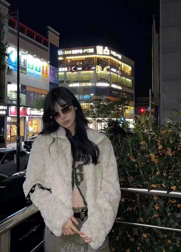 Khaki Subculture Punk Y2K E-girl Lamb Wool Embroidered Retro Moto Short Jacket (Winter)