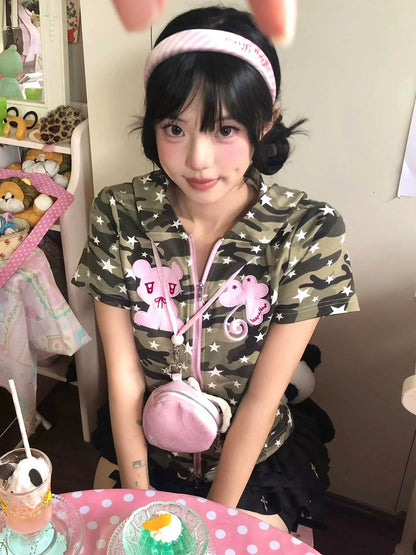 Y2K Bear Ears Hoodie Tee Camouflage Zip-Up Cropped Top