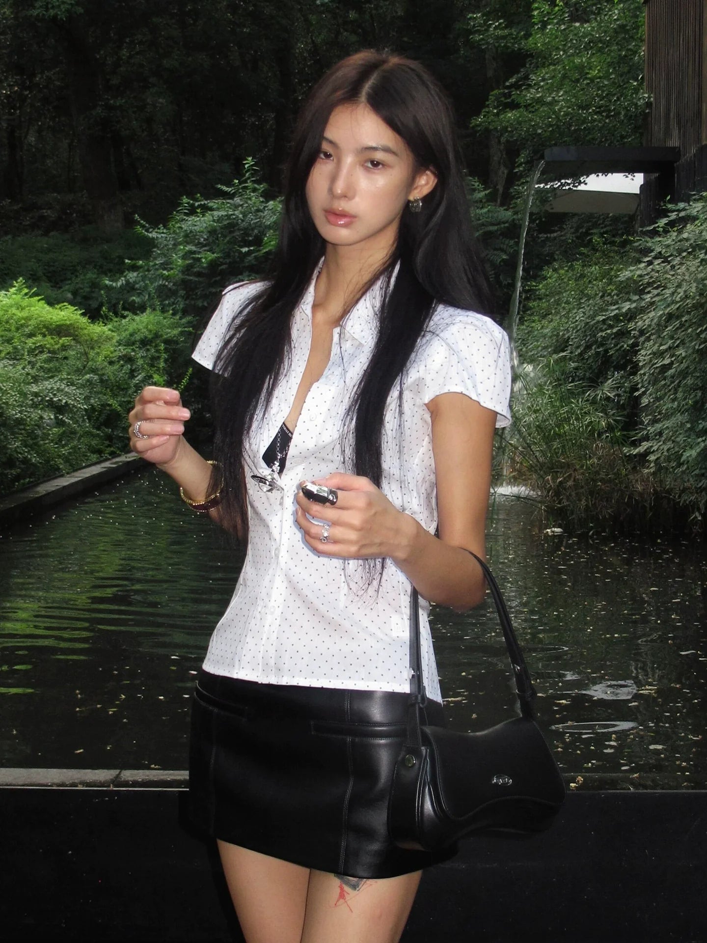 Y2K White Star Polka Dot Short Sleeve Shirt Fitted Structured Shoulder Cropped Vintage Top