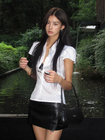 Y2K White Star Polka Dot Short Sleeve Shirt Fitted Structured Shoulder Cropped Vintage Top