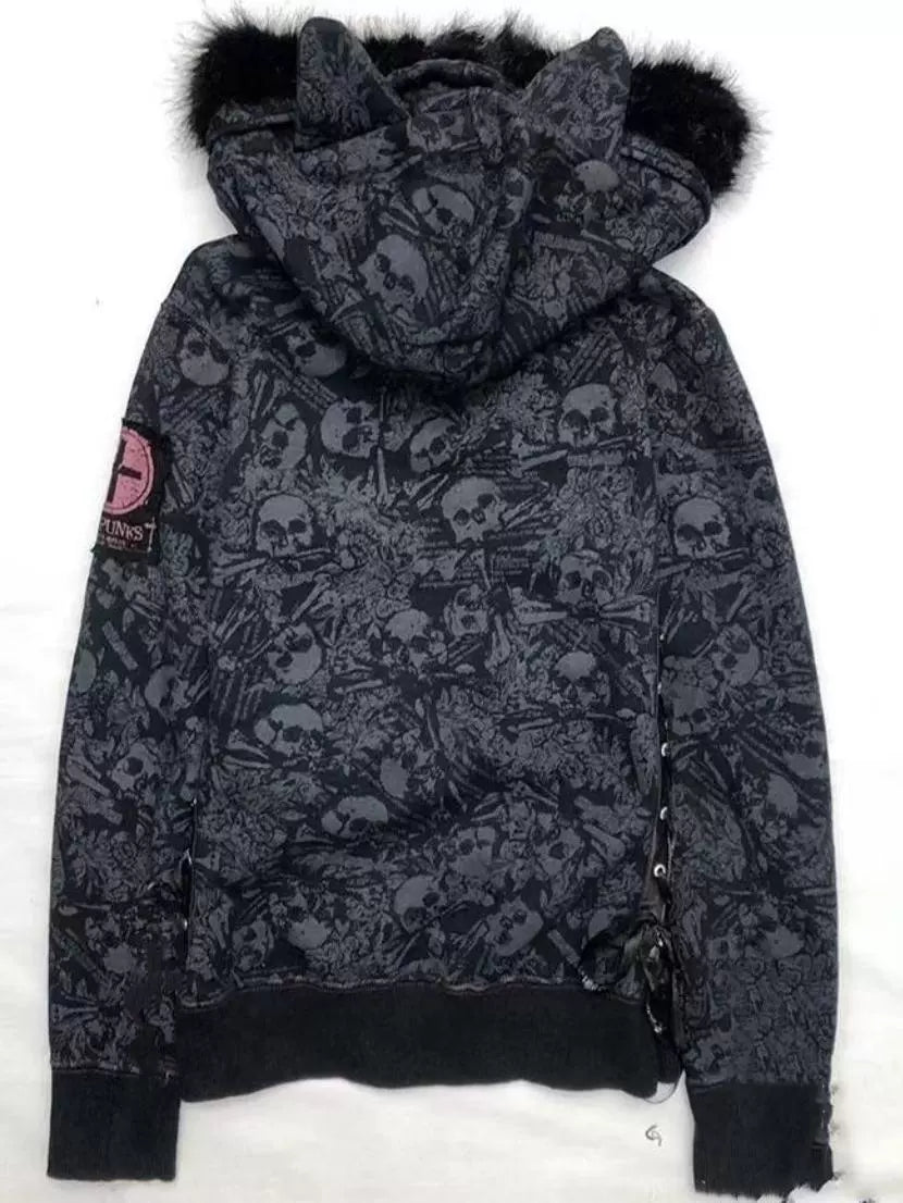All-Over Skull Print Cat-Ear Hoodie Subculture Gothic Rock Punk Y2K Shibuya Girl Fur-Collar Jacket