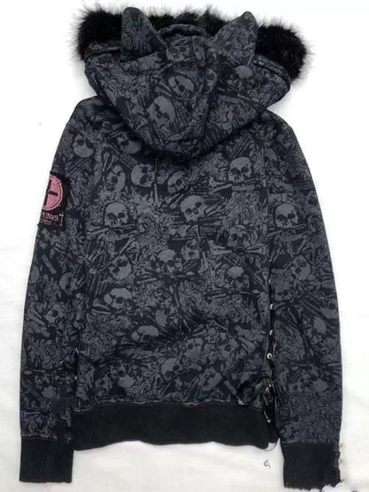 All-Over Skull Print Cat-Ear Hoodie Subculture Gothic Rock Punk Y2K Shibuya Girl Fur-Collar Jacket