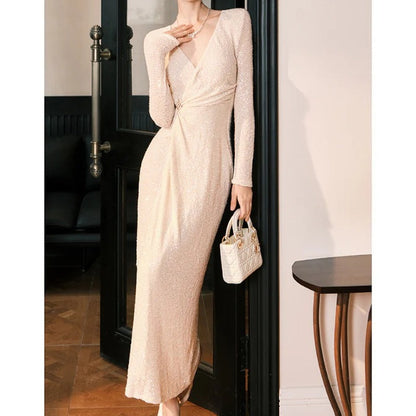 French Sequin Knit Long Sleeve Birthday Gown Dress