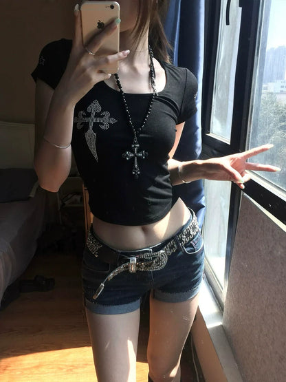 Retro Black Cross Rhinestone Tee