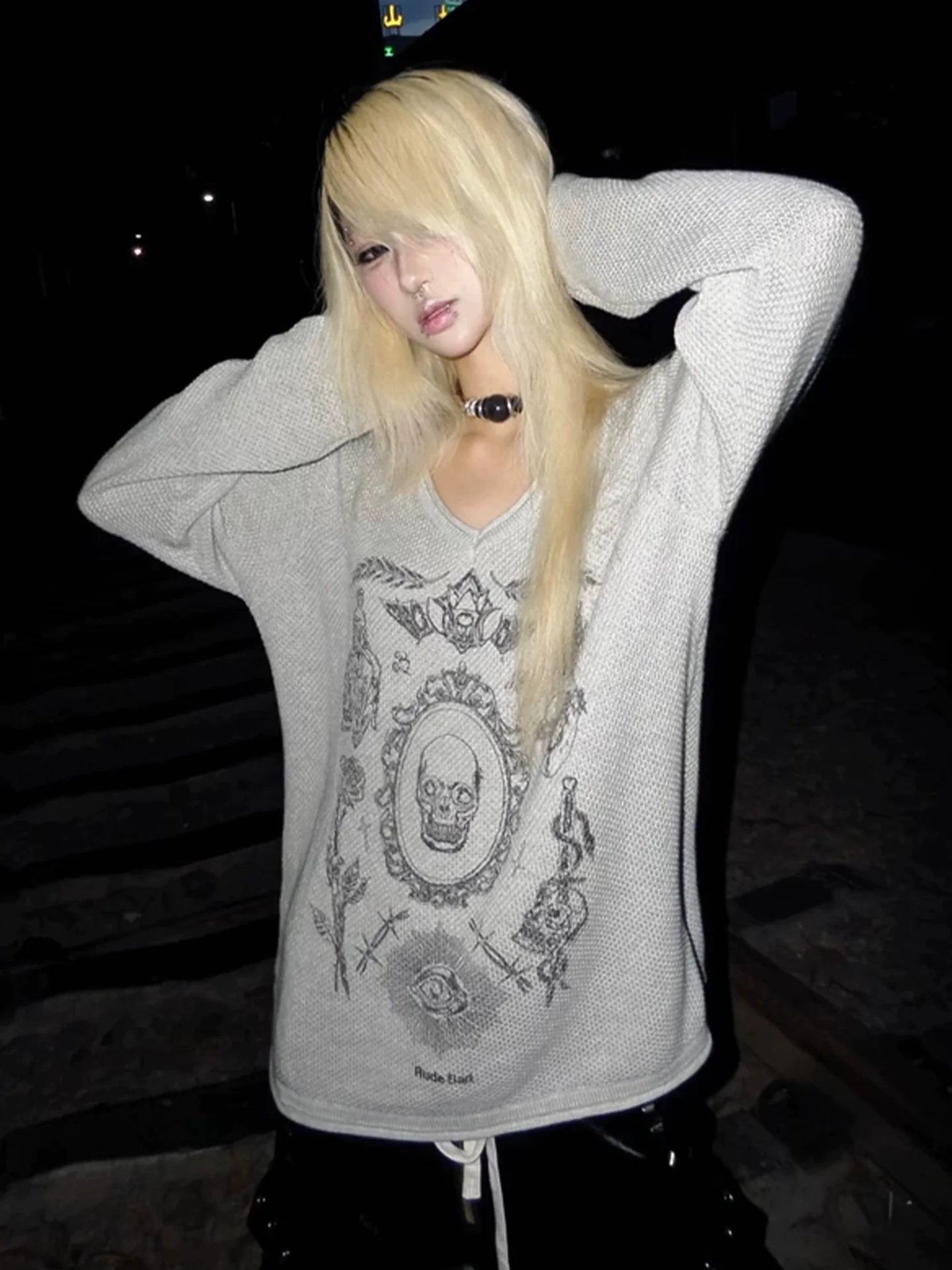 Y2K Grey Skull Print V-Neck Sweater Punk Visual Kei Loose Knit Top
